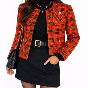 Vintage Bright Orange Tartan Plaid Wool Jacket 100% Virgin Wool